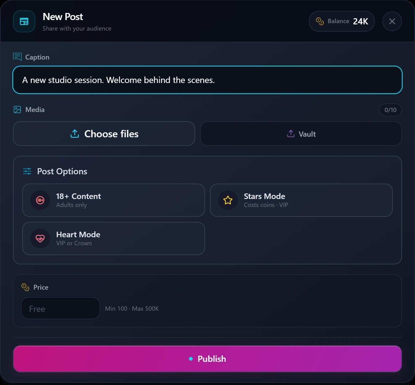 XFansPlus publish your first post interface with illustrative demo details